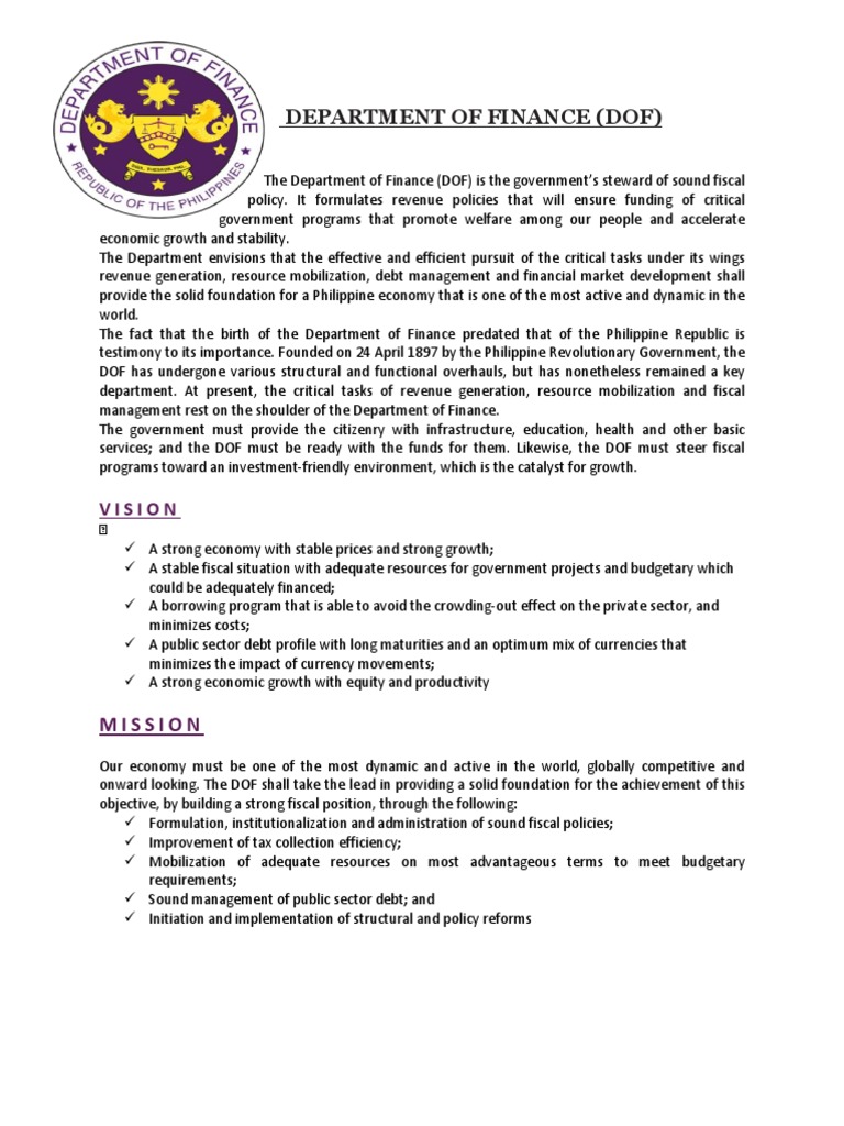 Overview of the Department of Finance | PDF | Fiscal Policy | Taxes