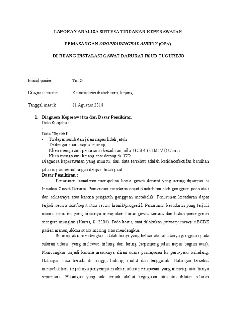 Laporan Analisa Sintesa Tindakan Keperawatan Pemasangan 