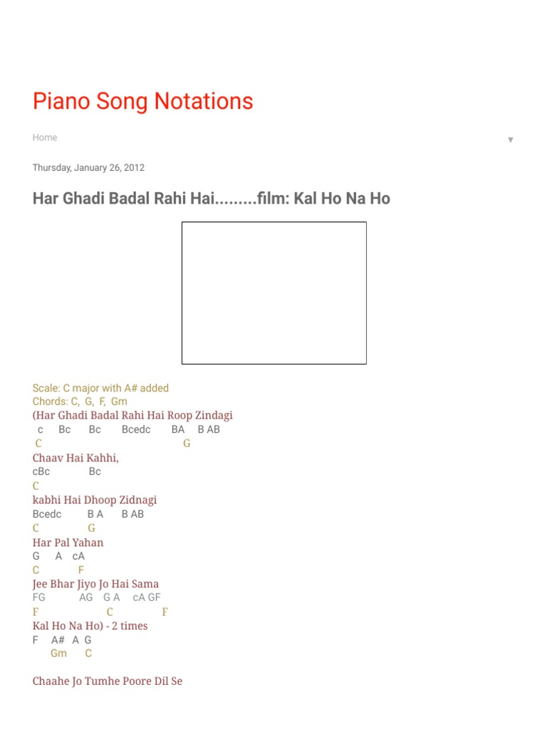 Piano Song Notations Har Ghadi Badal Rahi Hai Film Kal Ho Na Ho piano song notations har ghadi badal