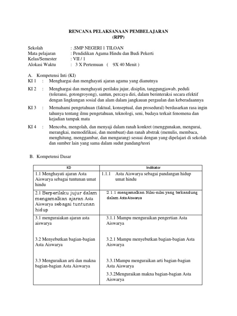 Rpp Agama Hindu Kelas 7