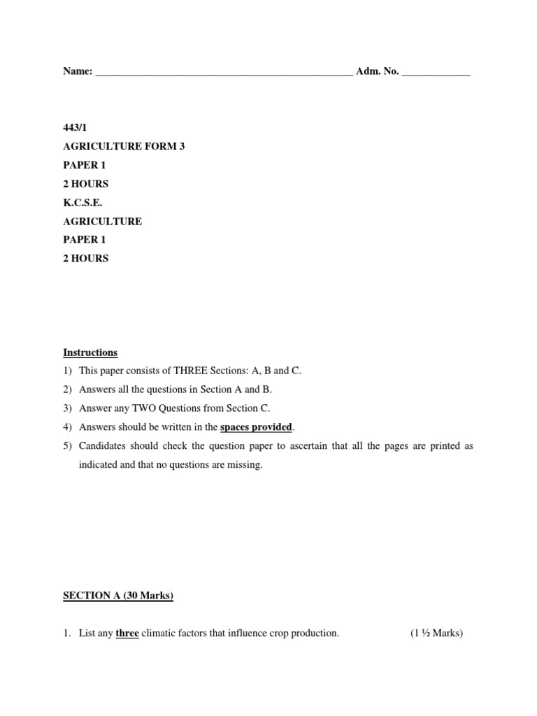 Agriculture Paper 1 Form 3 PDF Crop Rotation Soil