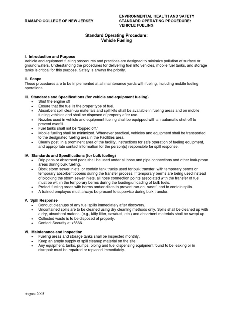 Ramapo College Vehicle Fueling SOP | PDF | Vehicles | Sanitary Sewer