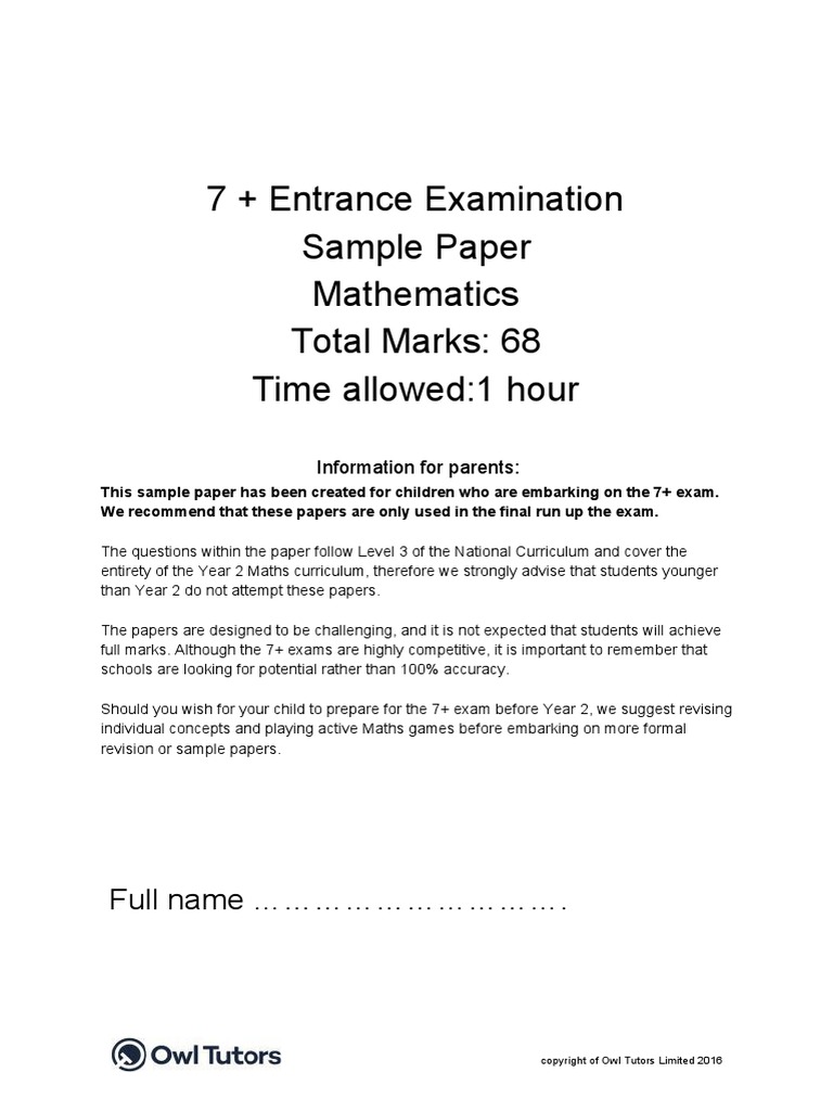7 Maths Sample Paper 2 Owl Tutors 2016 | PDF | Test (Assessment ...