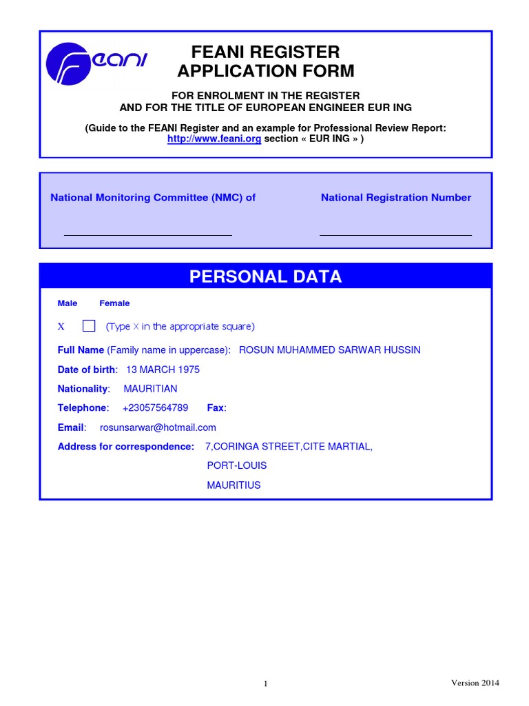 FEANI EUR ING Application Form 2014 | PDF | Bachelor Of Science ...