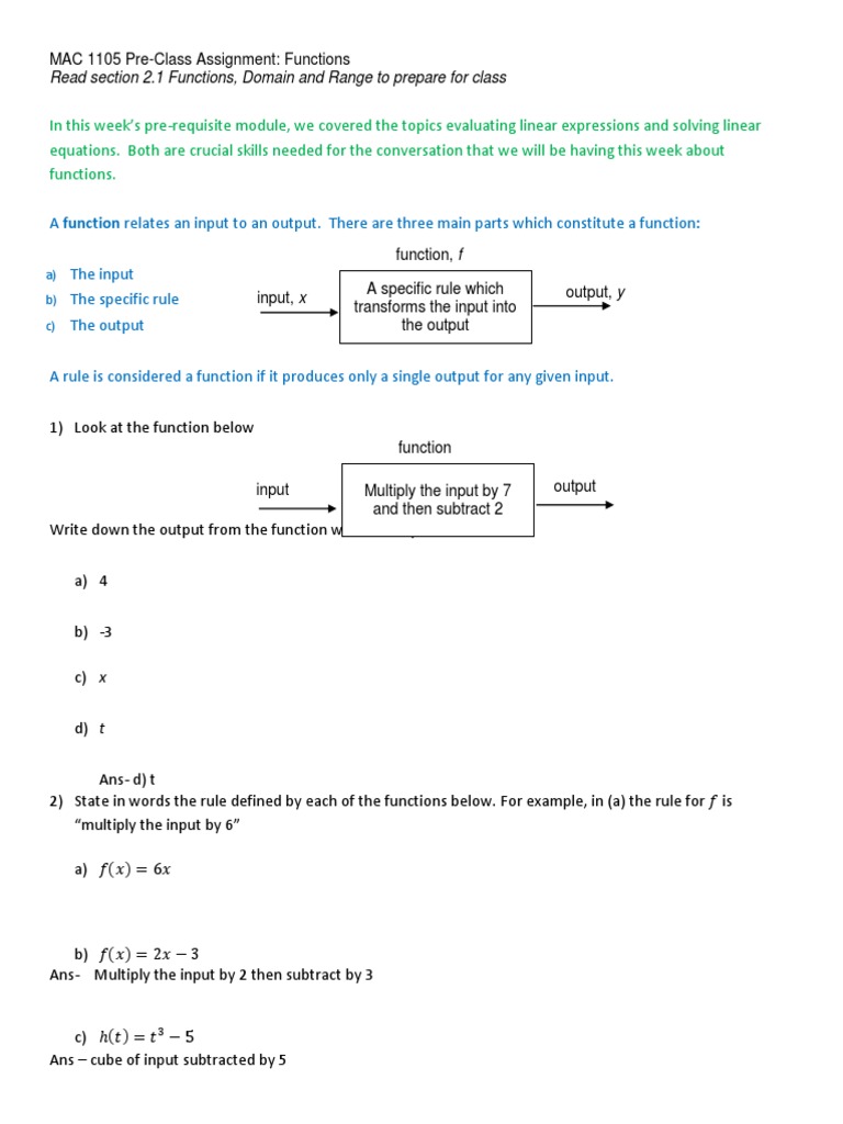 MAC 1105 Functions Assignment Guide | PDF | Domain Of A Function ...