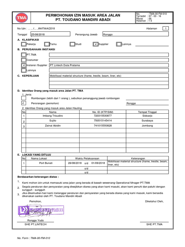 Permohonan Izin Melintas Pt Lintech Mobilisasi Material Struktur Pdf