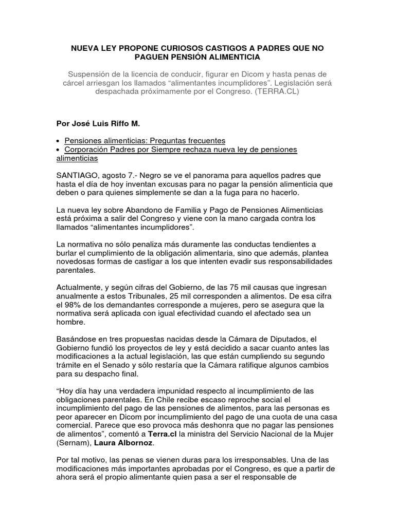 Nueva Ley Pension Alimenticia PDF | PDF | Manutención de los hijos |  Gobierno