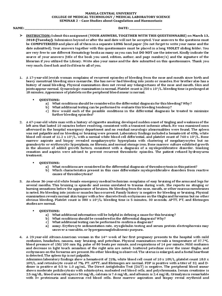 Coagulation and Hemostasis Case Studies | PDF | Bleeding | Hematology