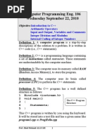 Computer Programming Eng. 106 Wednesday September 22, 2010: Objective