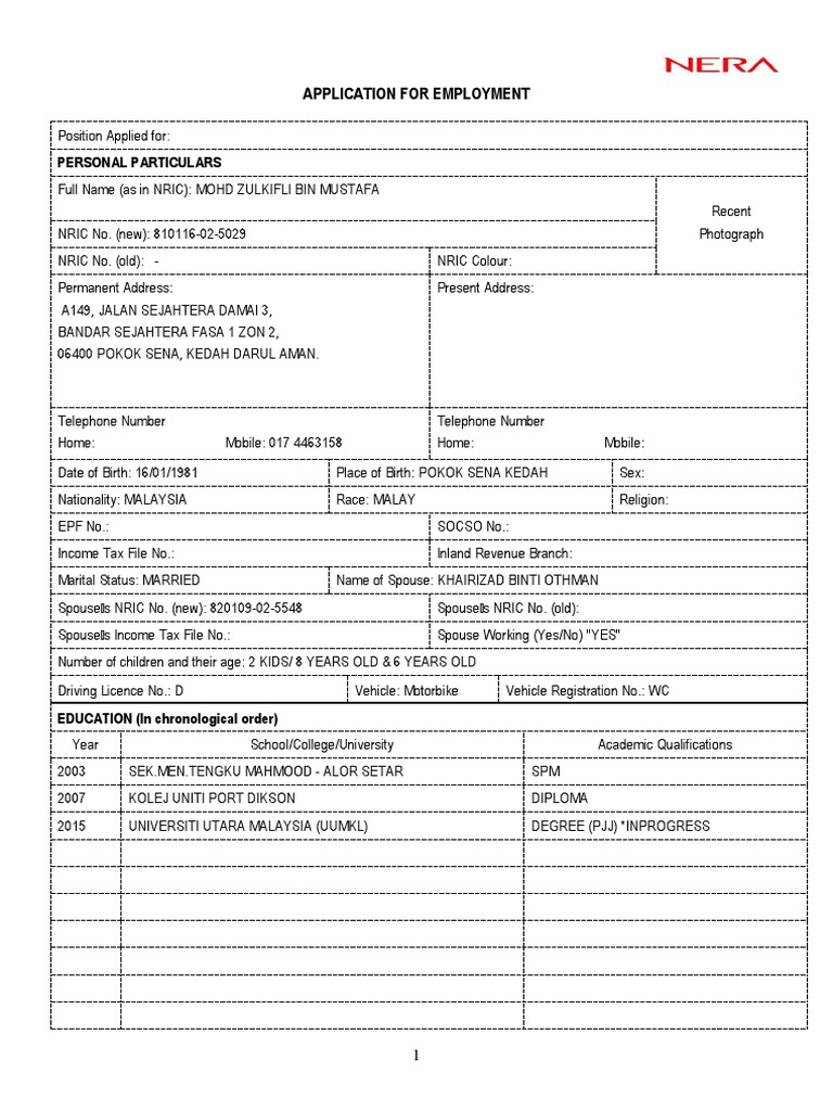 Nera Malaysia Employment Application | PDF | Government