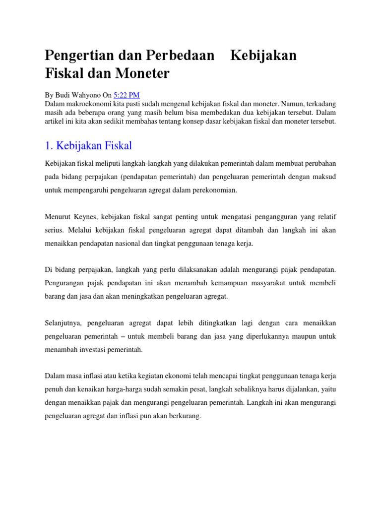 Pengertian Dan Perbedaan Kebijakan Fiskal Dan Moneter