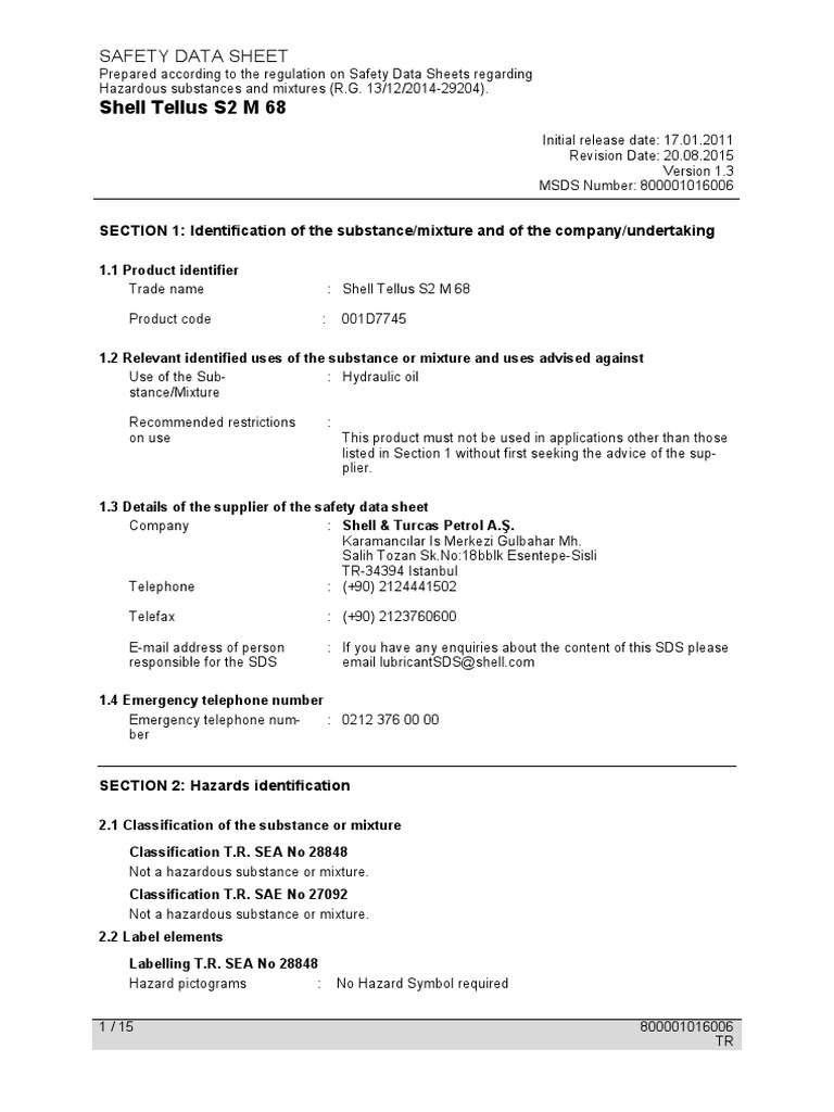 Shell Tellus S2 M 68 Safety Data Sheet | PDF | Toxicity | Personal ...