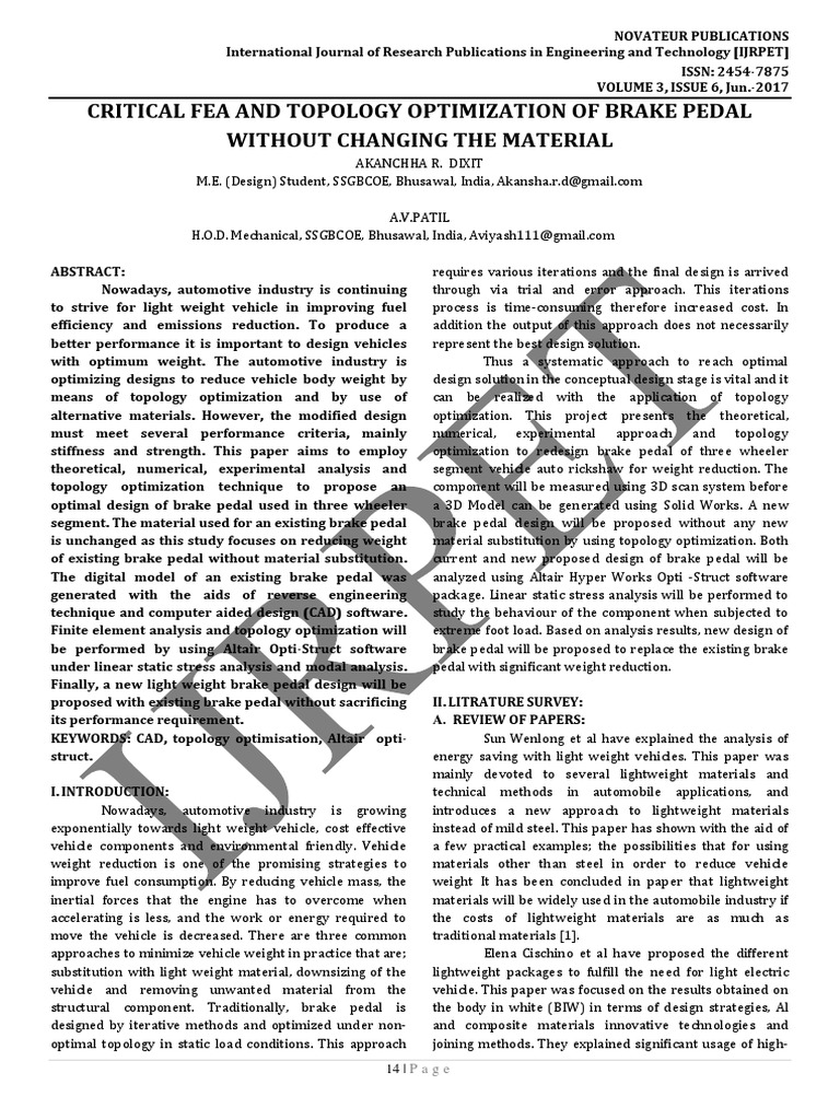 Brake Pedal PDF Mathematical Optimization Computer Aided Design