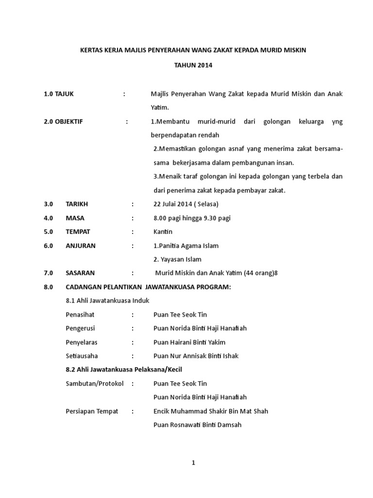 Kertas Kerja Majlis Penyerahan Wang Zakat Kepada Murid Miskin Pdf