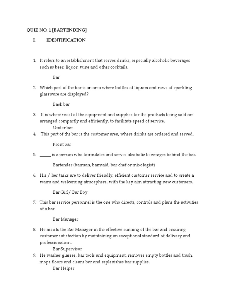Bartending Quiz Bar Bartender