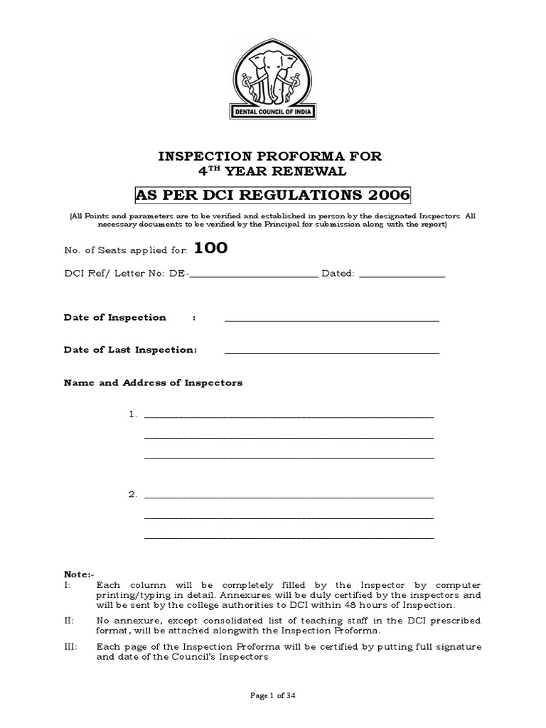 DCI 4th Year Renewal Inspection Proforma | PDF | Dental Degree | Plaster