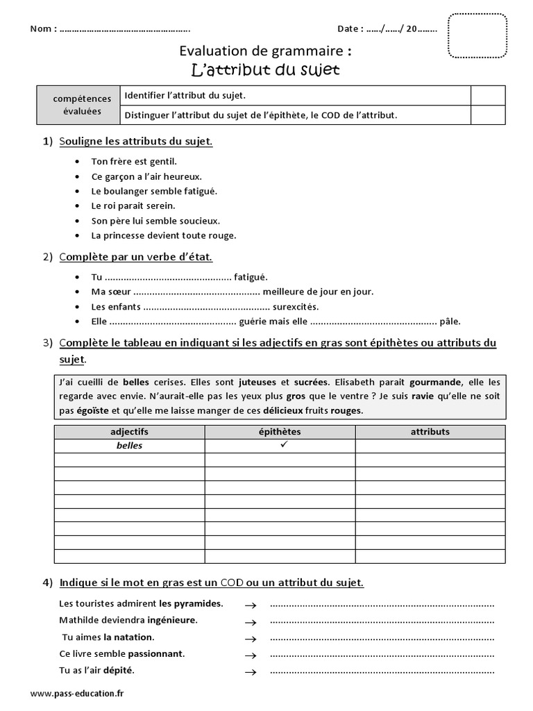 évaluation Grammaire Cm2 Avec Correction Pdf Attribut Du Sujet Cm2 Bilan Avec Le Corrigé | PDF | Syntaxe | Grammaire