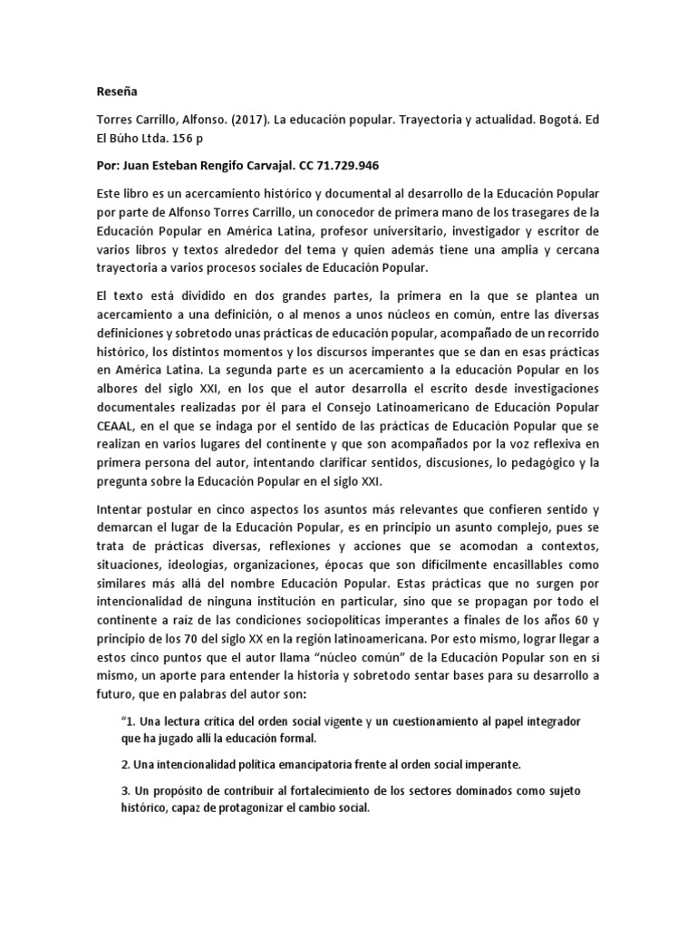 Seminrio 1 Reseña La Educación Popular. Trayectoria y Actualidad PDF Autor Lectura (proceso)