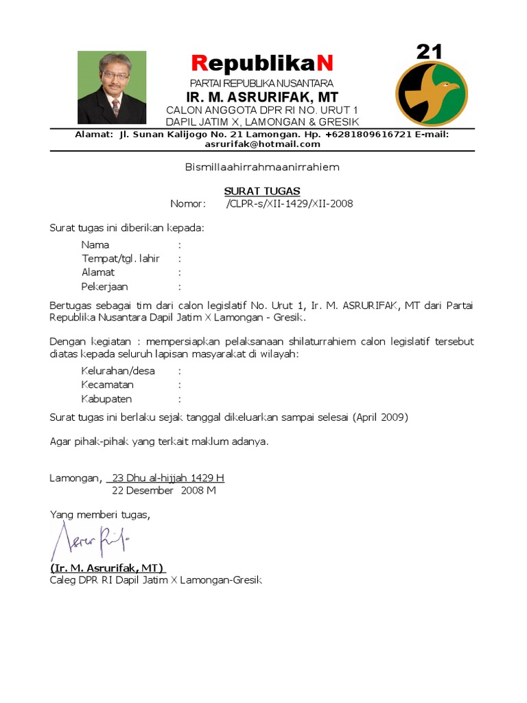 Surat Tugas Caleg Kepada Tim Sukses Lamongan