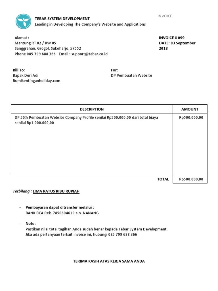 Invoice for 50% Down Payment | PDF