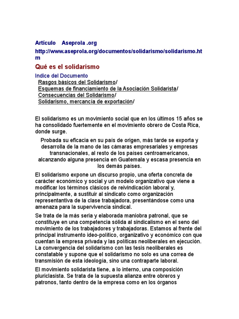 Qué Es El Solidarismo. Artículo Aseprola | PDF | Centroamérica