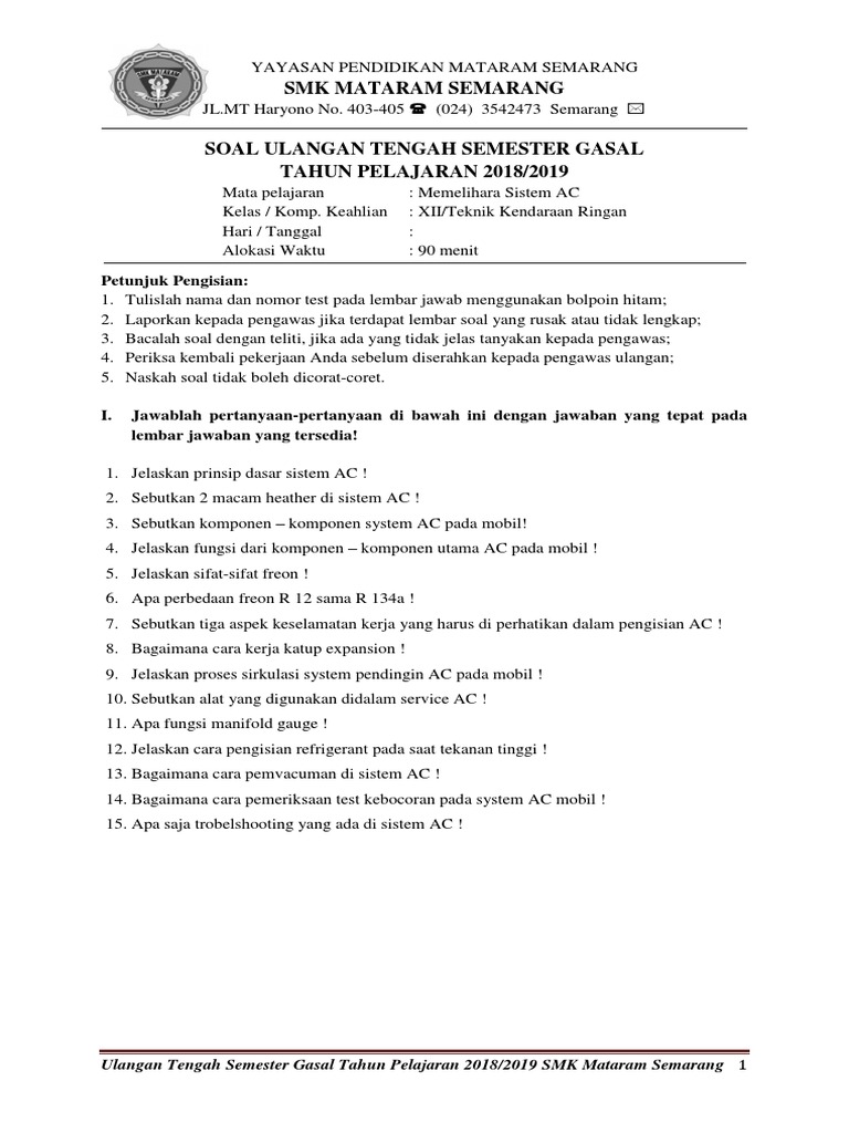 Form Soal,Kunci Jawaban, Norma Penilaian Uts Gasal