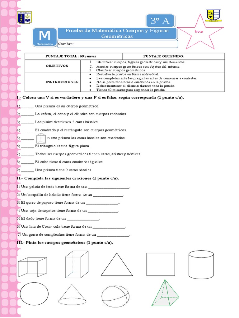 Prueba Matematica Cuerpos Y Figuras Geometricas 3d Y 2d