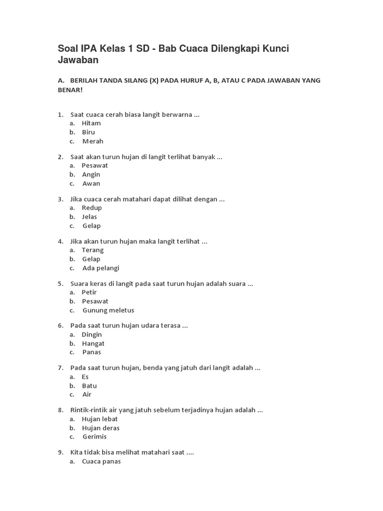 60 Soal IPA Kelas 1 SD Semester 1 2025