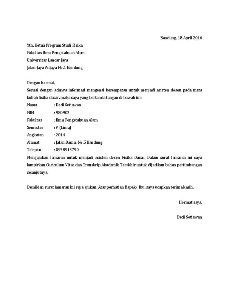 Contoh Surat Lamaran Menjadi Asdos - Berbagai Contoh Materi