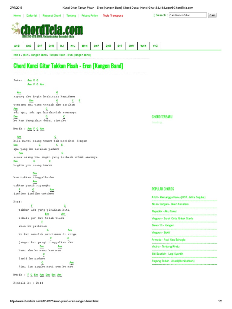 Kunci Gitar Takkan Pisah Eren Kangen Band Chord Dasar Kunci Gitar Lirik Lagu C Chordtela Com