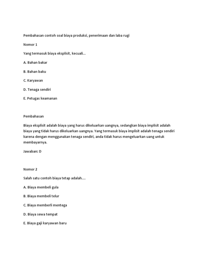 Contoh Soal Biaya Produksi