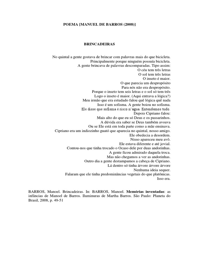 Poema - Brincadeiras de Manuel de Barros PDF | PDF | Lazer