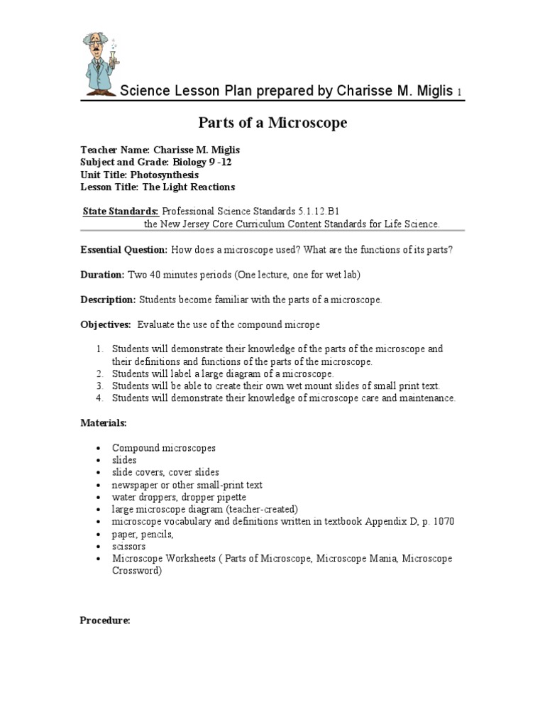 Lesson Plan Parts of a Microscope 92110 Microscope Lesson Plan