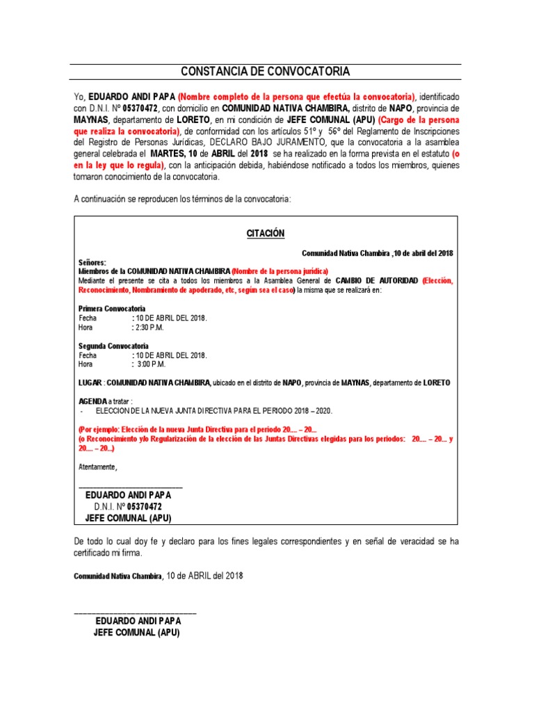 Constancia de Convocatoria y Quorum PDF Gobierno