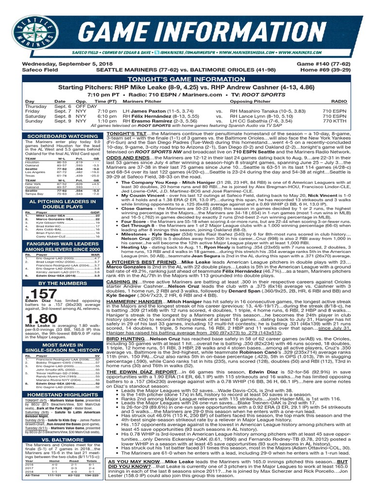 09.05.18 Game Notes | PDF | Home Run | Positions (Team Sports)