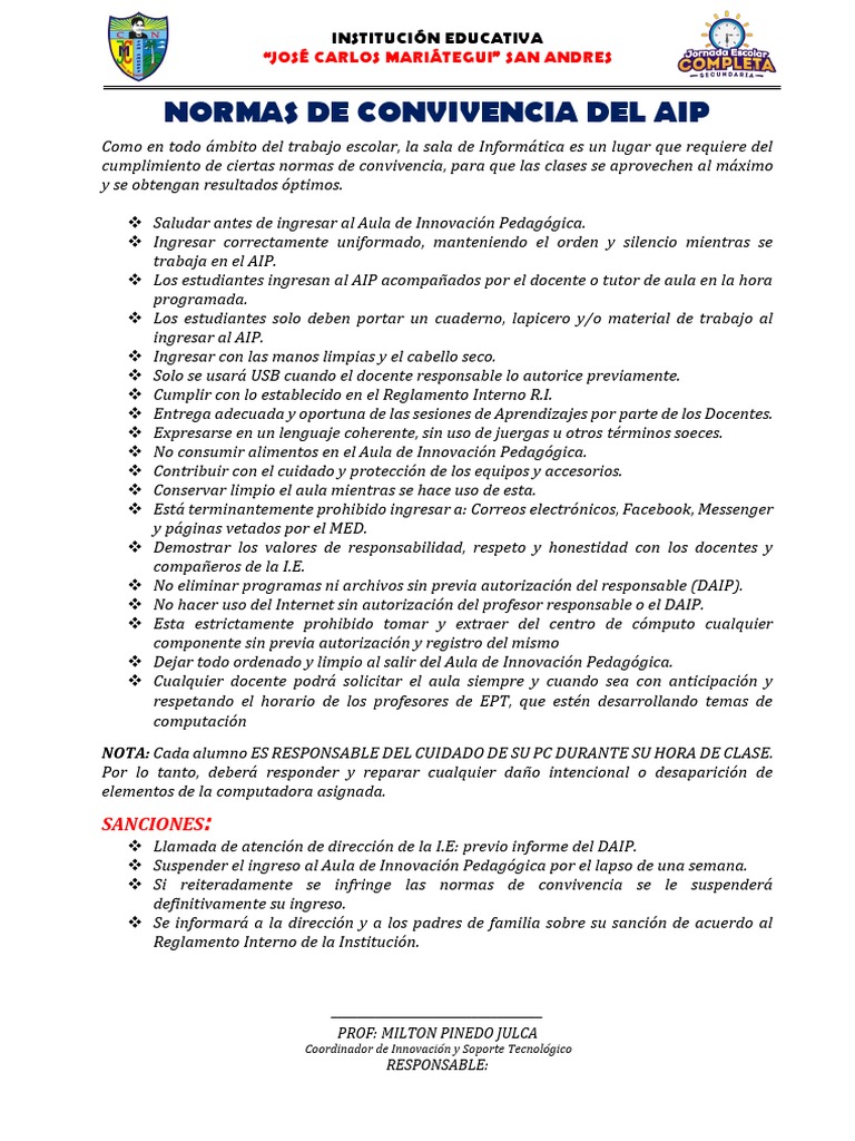 Normas de Convivencia en el AIP | PDF | Salón de clases | Maestros