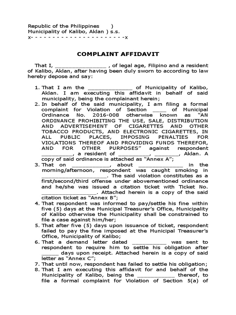 Anti Smoking Compaint Template PDF Affidavit Local Ordinance