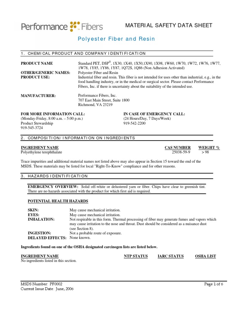 Polyester Msds PDF PDF Personal Protective Equipment Dangerous Goods