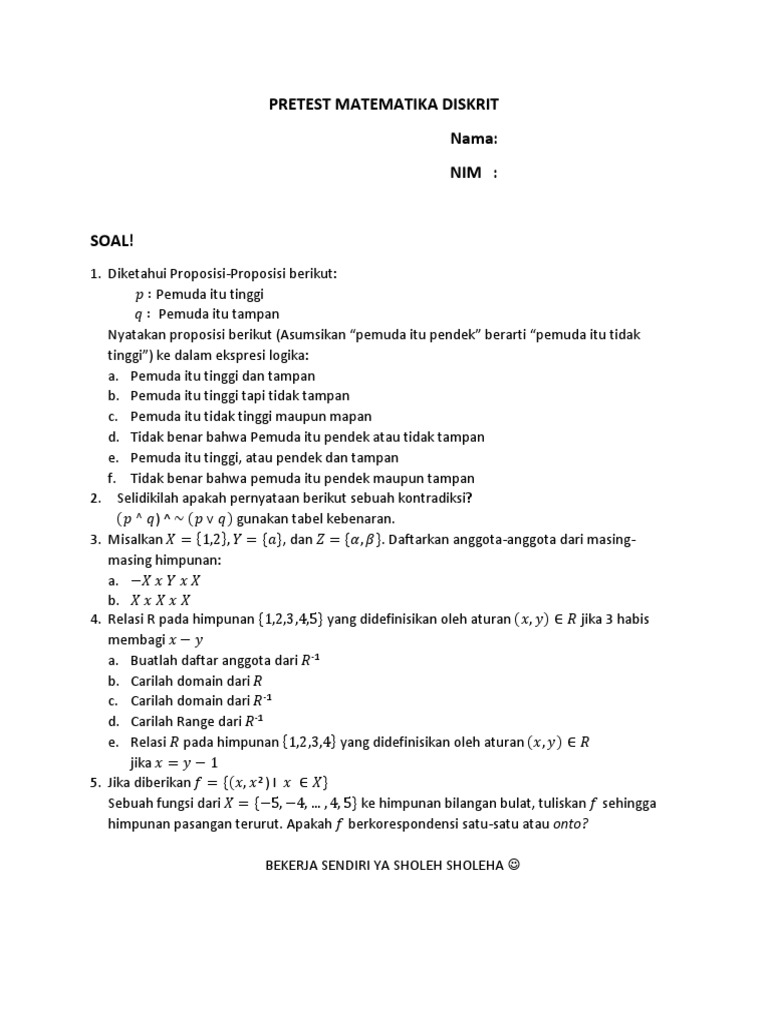 Pretest Matematika Diskrit dan Logika | PDF | Metode & Bahan Ajar