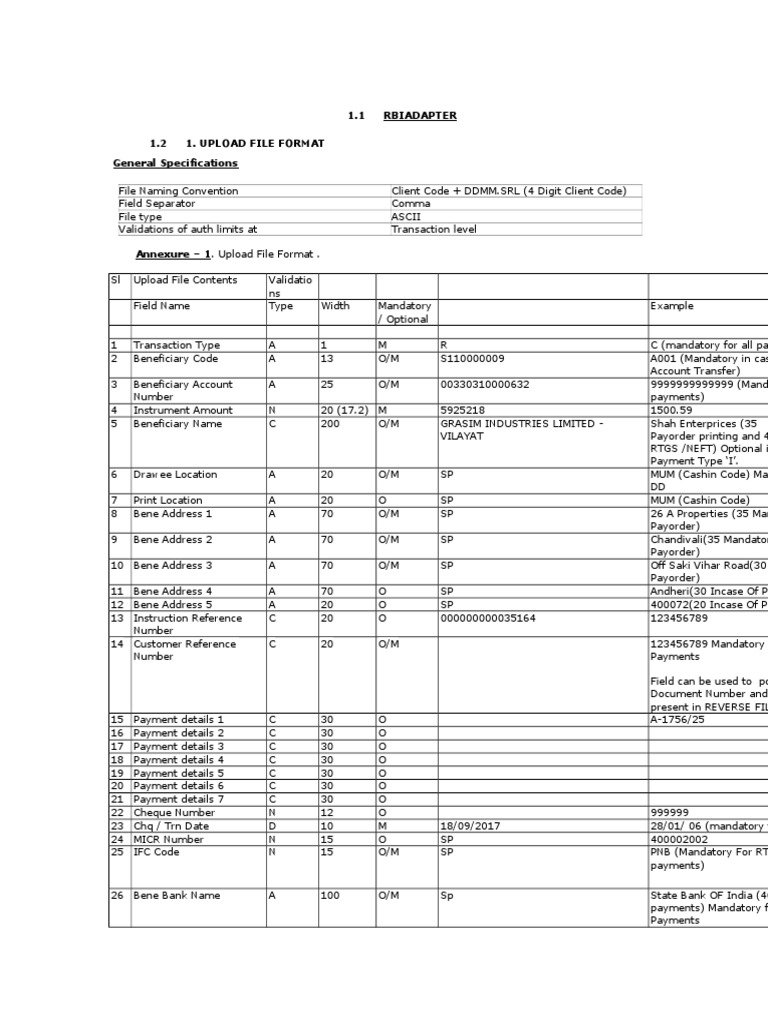 RBI Upload File Format Guide | PDF | Cheque | Payments