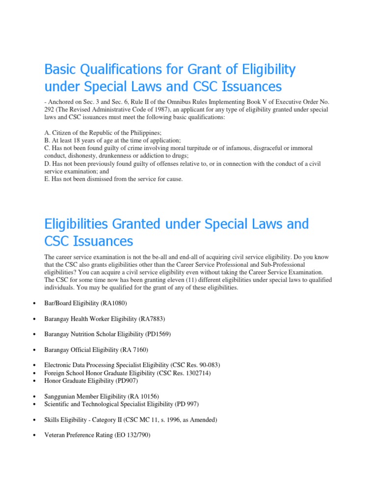 Basic Qualifications for Grant of Eligibility under Special Laws and
