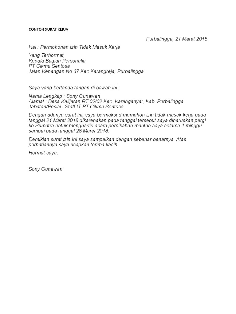 Contoh Surat Kerja