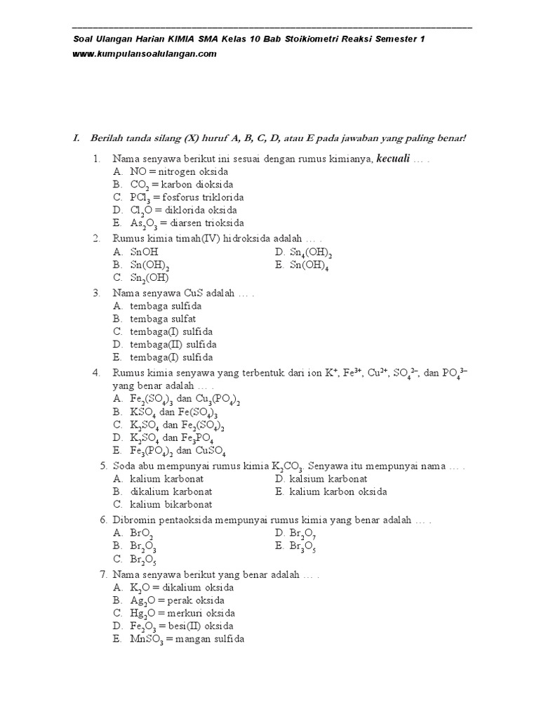 Soal Ulangan Kimia Kelas 10 Bab Stoikiometri Reaksi Semester 1 1 Pdf