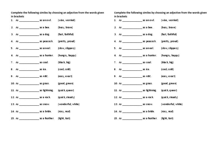 Complete the Similes Exercise | PDF | Language Arts & Discipline