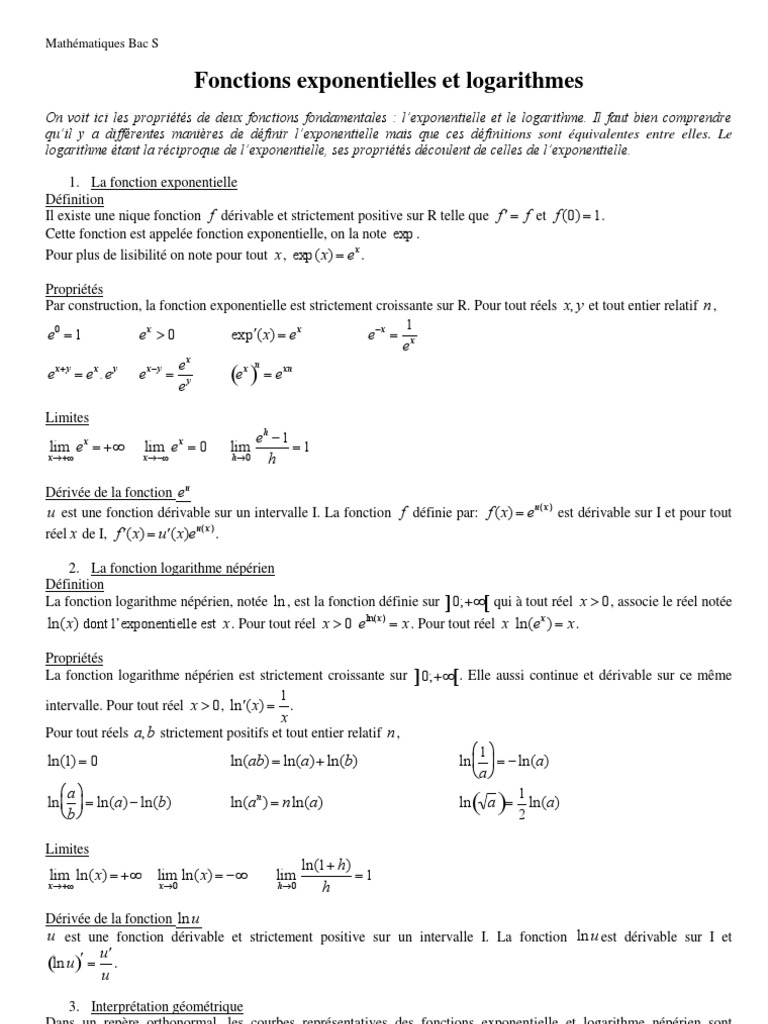 Fonctions Exponentielles Et Logarithmes Logarithme Mathematiques Elementaires