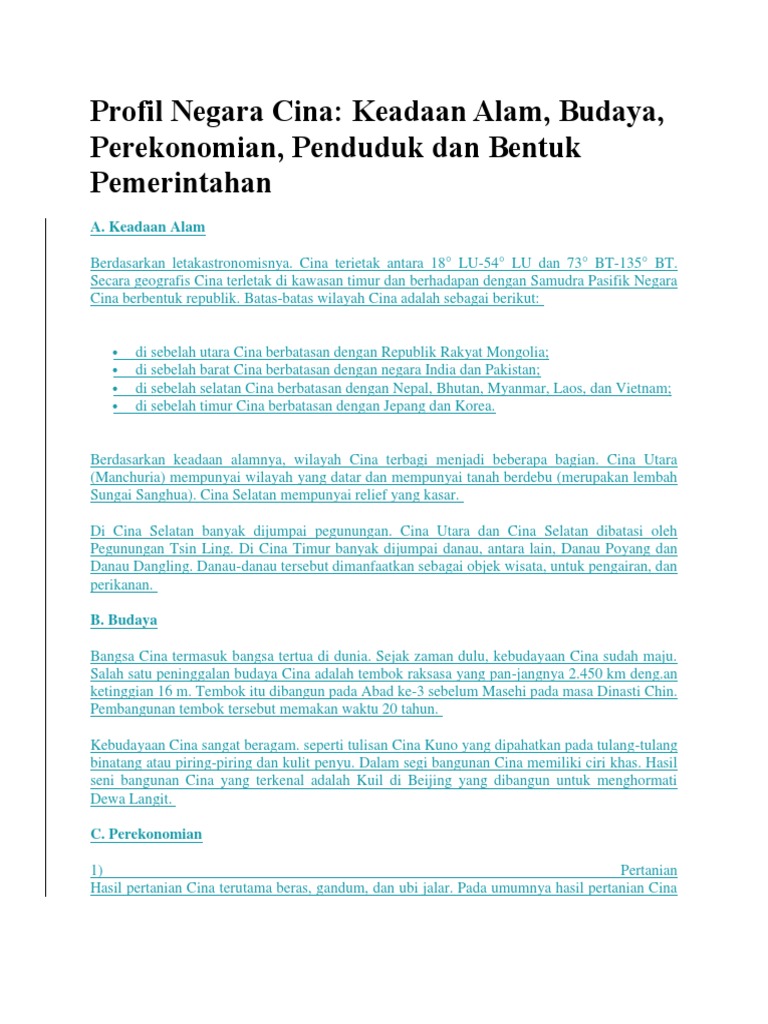 Profil Negara Cina Keadaan Alam Budaya Perekonomian
