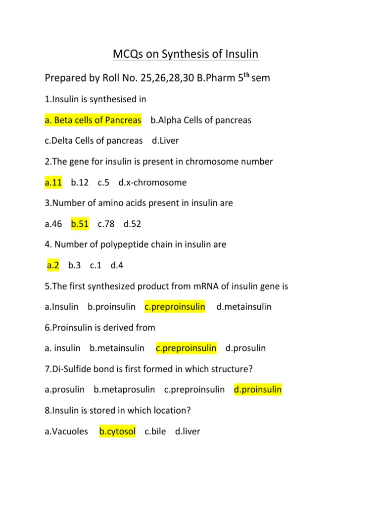 MCQs On Synthesis of Insulin PDF