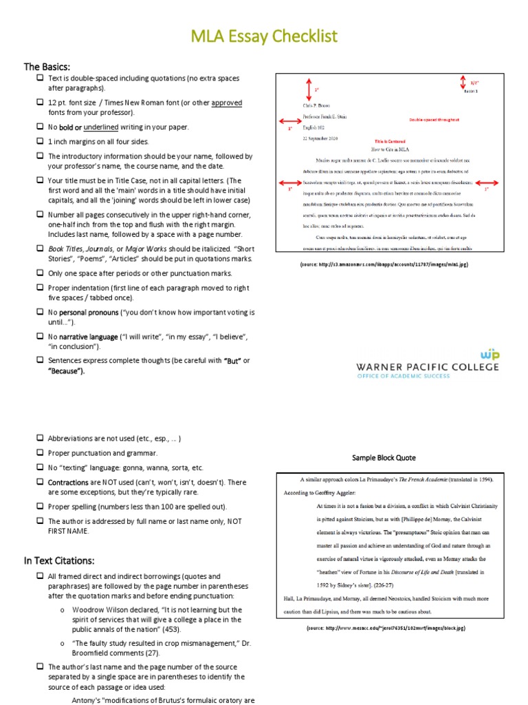 MLA Essay Checklist The Basics PDF Bracket Quotation Mark