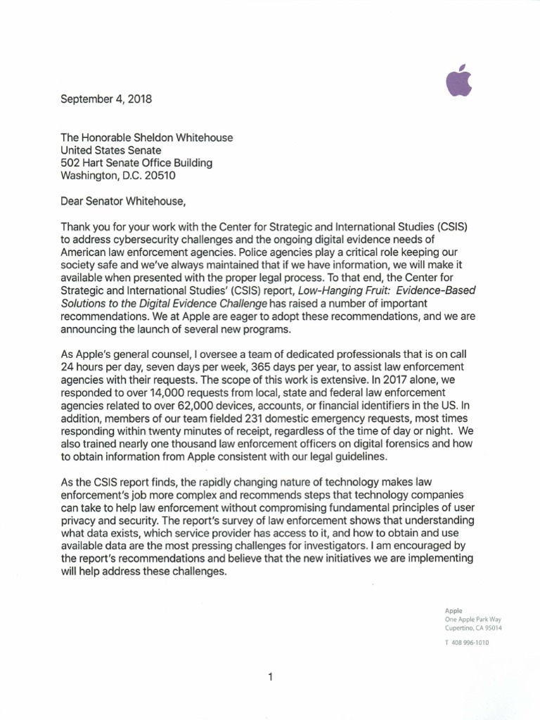 Apple Letter To Sen Whitehouse | PDF