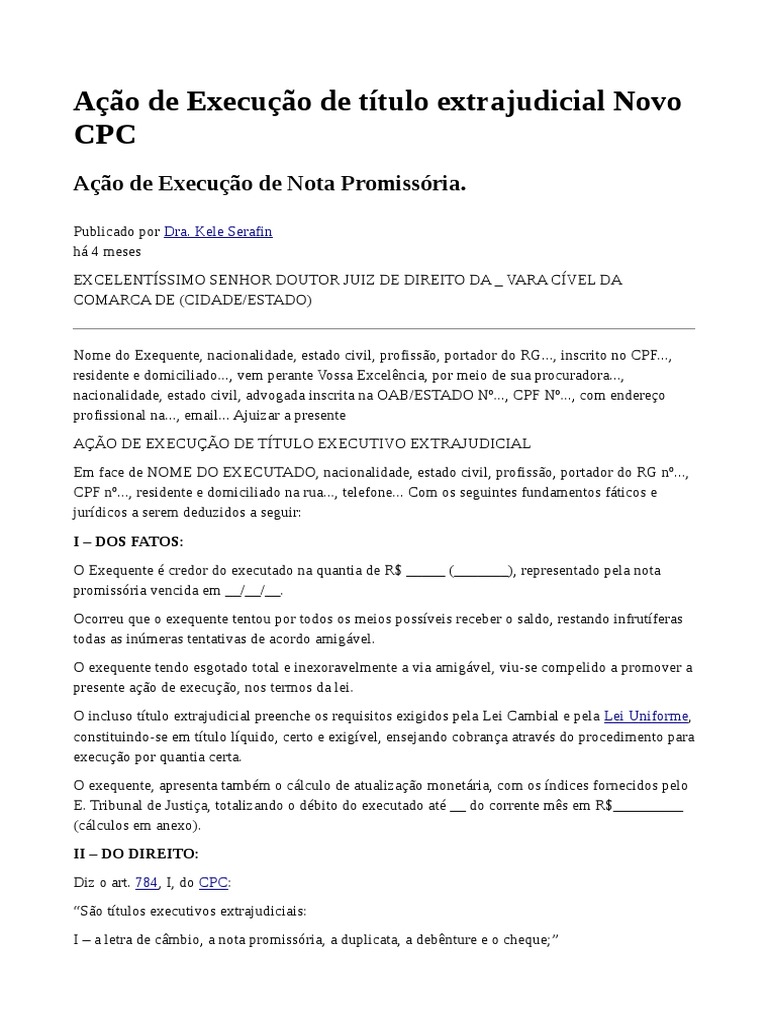 Ação de Execução de Título Extrajudicial Novo CPC Odt PDF Nota promissória comercial